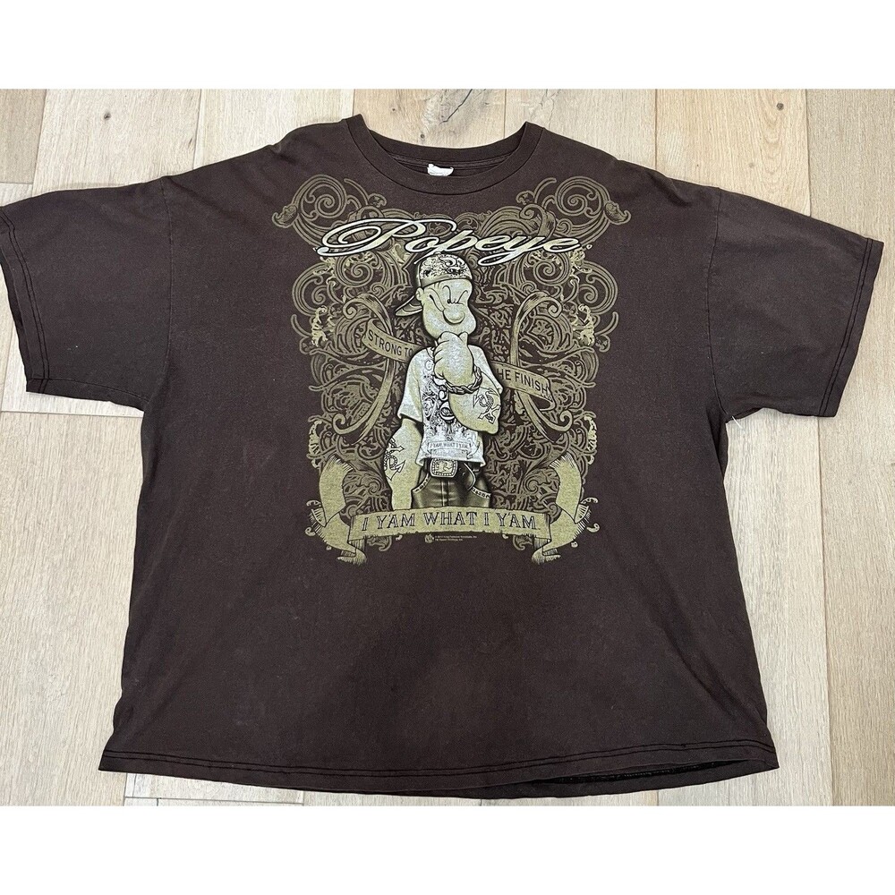 Vintage Popeye Shirt Mens 3XL Brown Thug Gangster Bling Sailor Faded 2010 Y2K